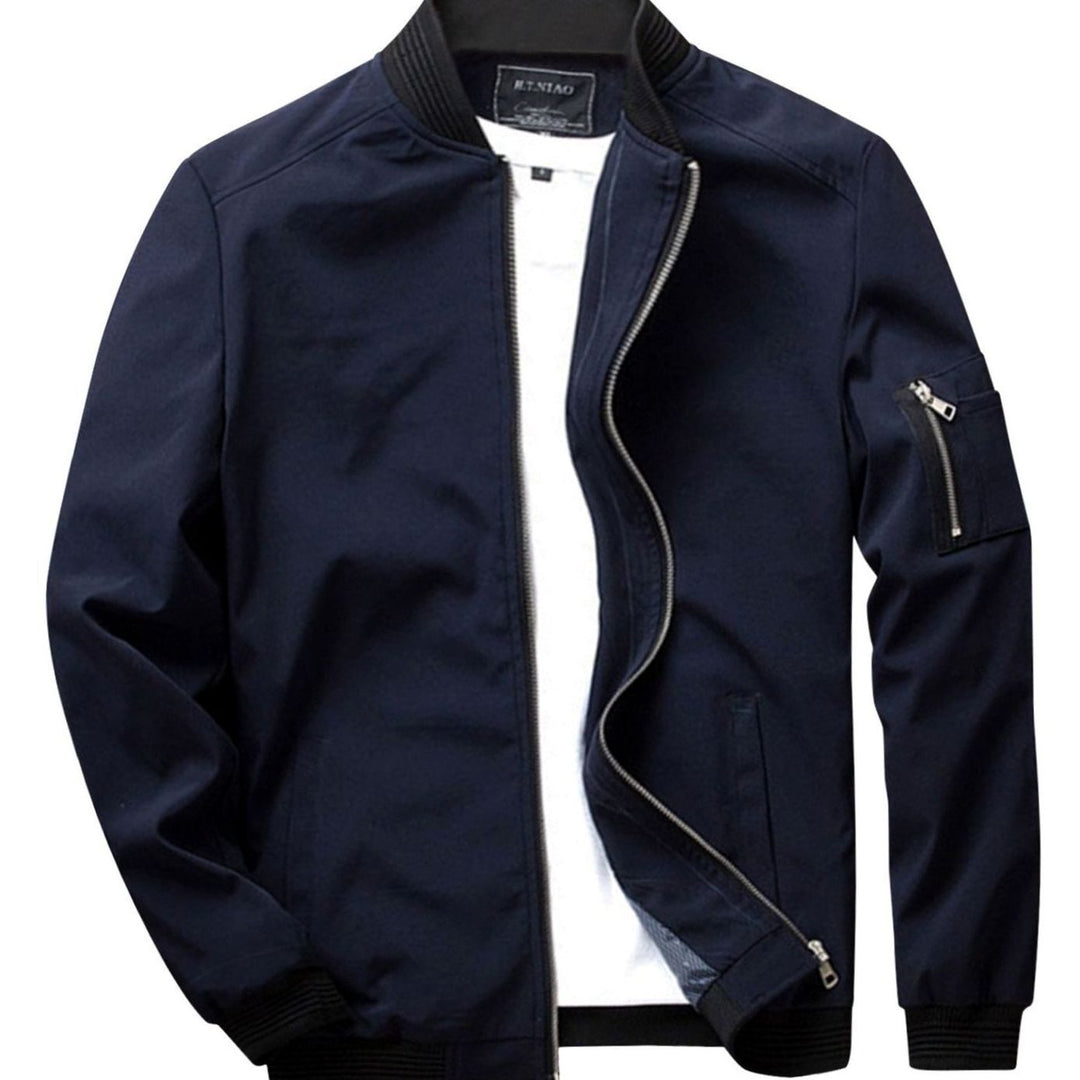 Men's Full-Zip Bomber Jacket Ribbed-Collar Lightweight - Dark Blue