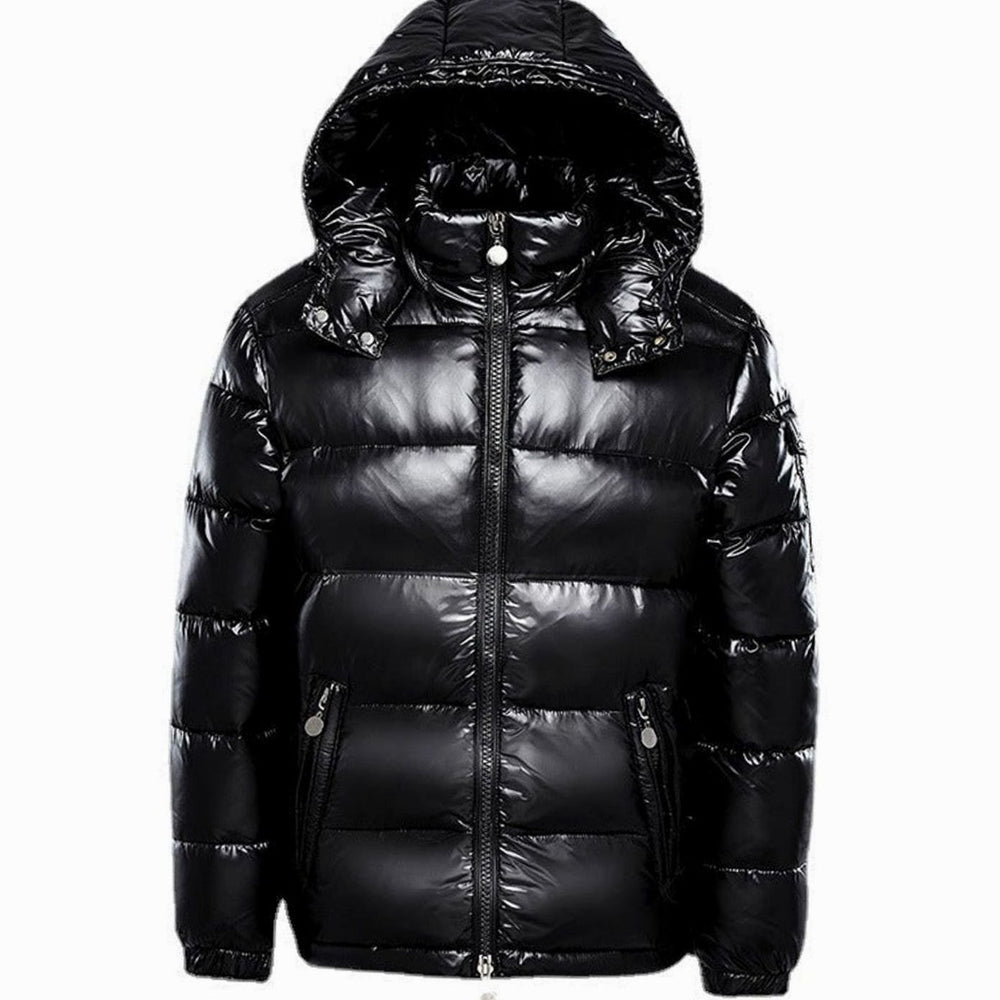 Men's Glossy Quilted Jacket Hooded Full-Zip Puffer - Black