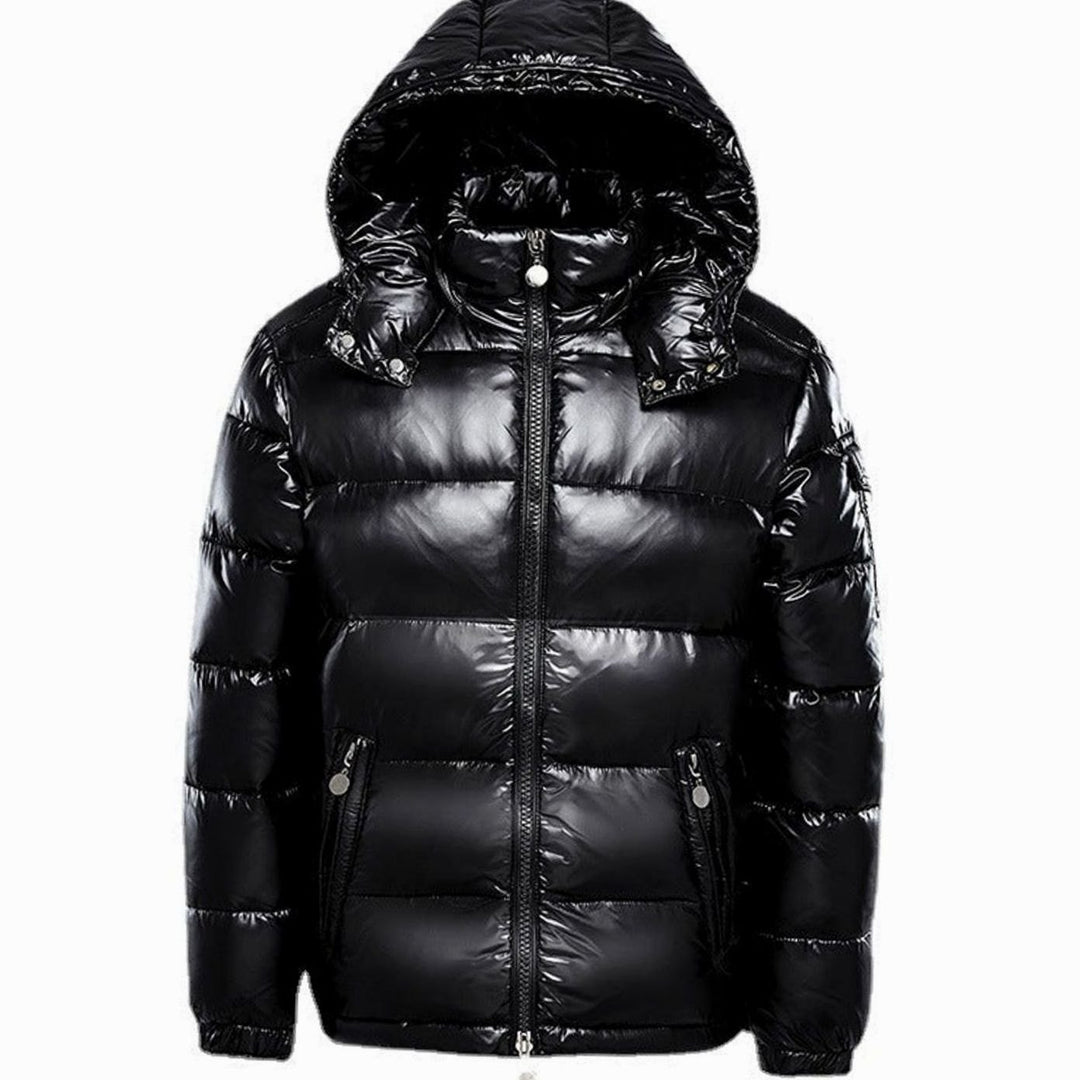 Men's Glossy Quilted Jacket Hooded Full-Zip Puffer - Black