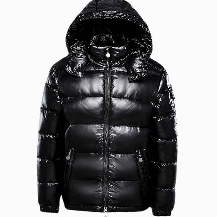 Men's Glossy Quilted Jacket Hooded Full-Zip Puffer - Black