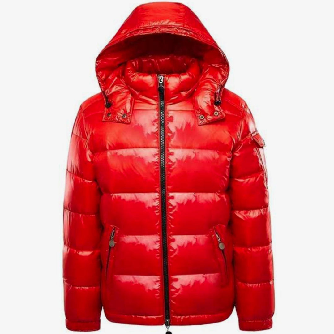 Men's Glossy Quilted Jacket Hooded Full-Zip Puffer - Red