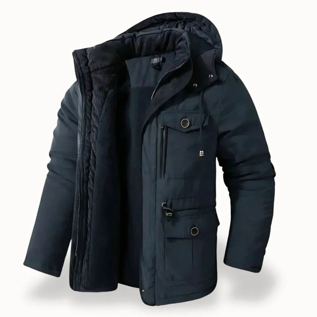 Men's Heavy-Duty Insulated Hooded Multi-Pocket Winter Jacket - Navy