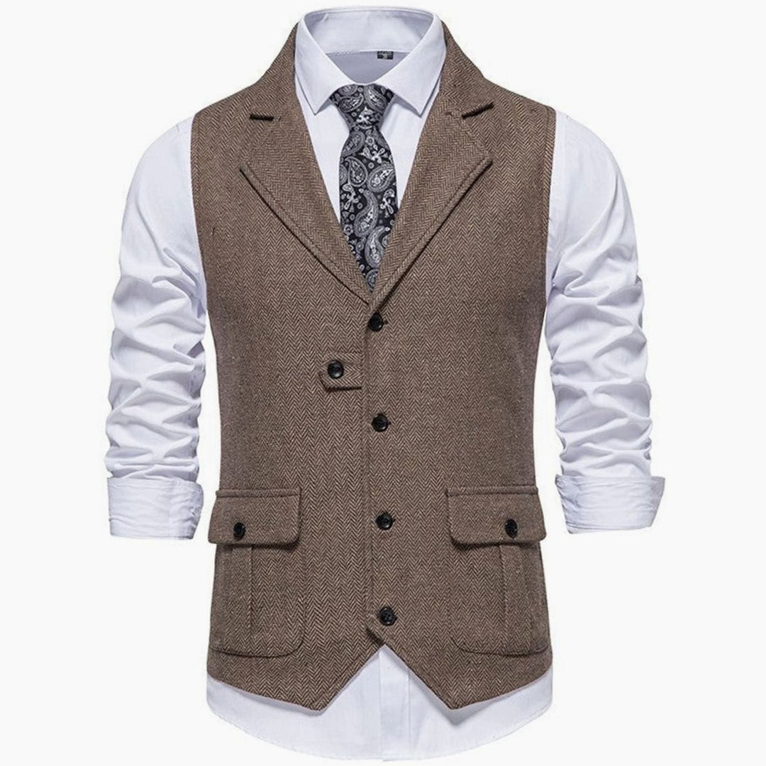 Men's Herringbone Notch-Lapel Button-Front Tailored Outfit Vest - Brown