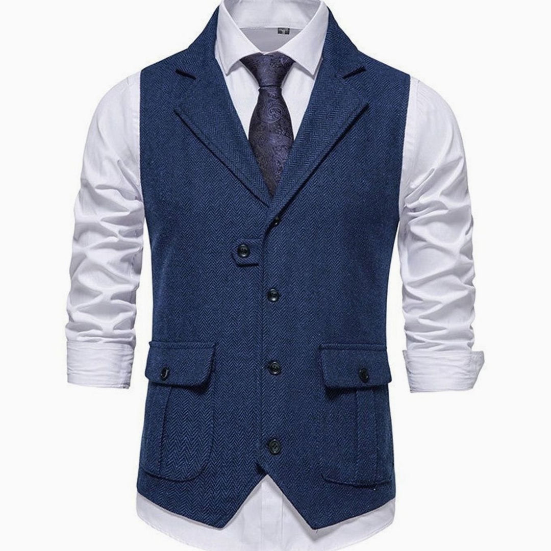 Men's Herringbone Notch-Lapel Button-Front Tailored Outfit Vest - Blue