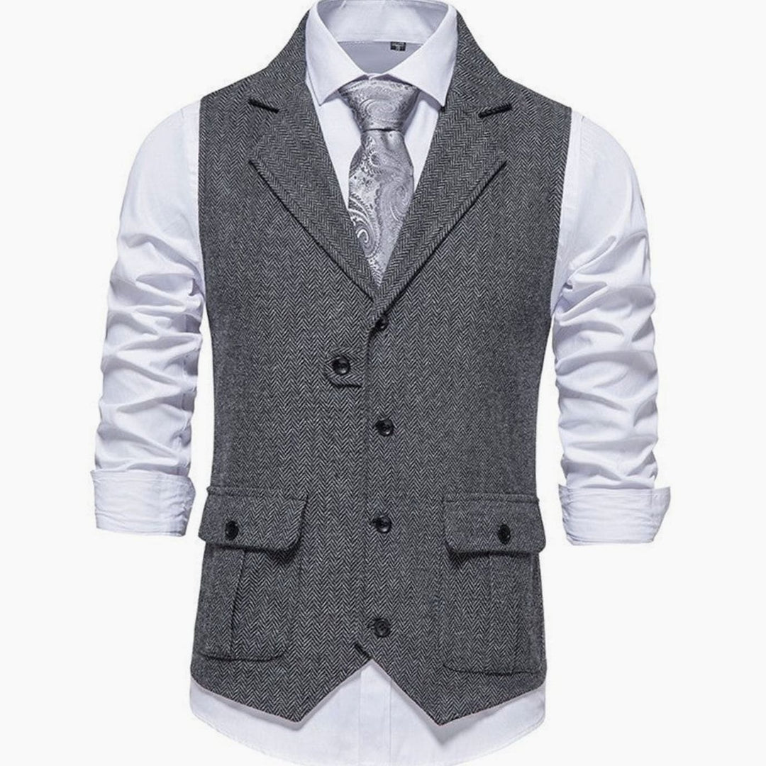 Men's Herringbone Notch-Lapel Button-Front Tailored Outfit Vest - Dark Grey