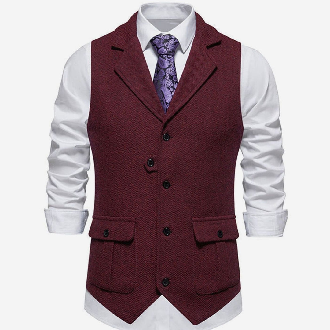 Men's Herringbone Notch-Lapel Button-Front Tailored Outfit Vest - Red