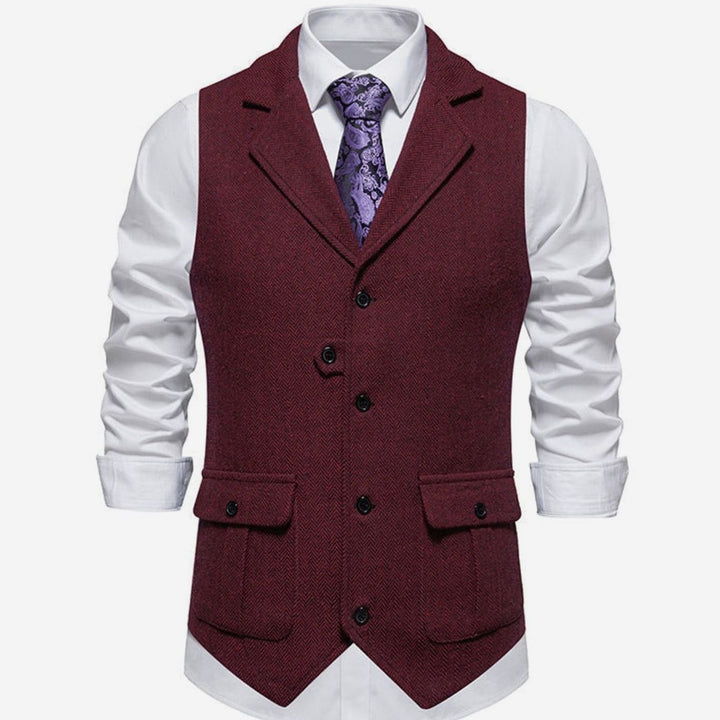 Men's Herringbone Notch-Lapel Button-Front Tailored Outfit Vest - Red
