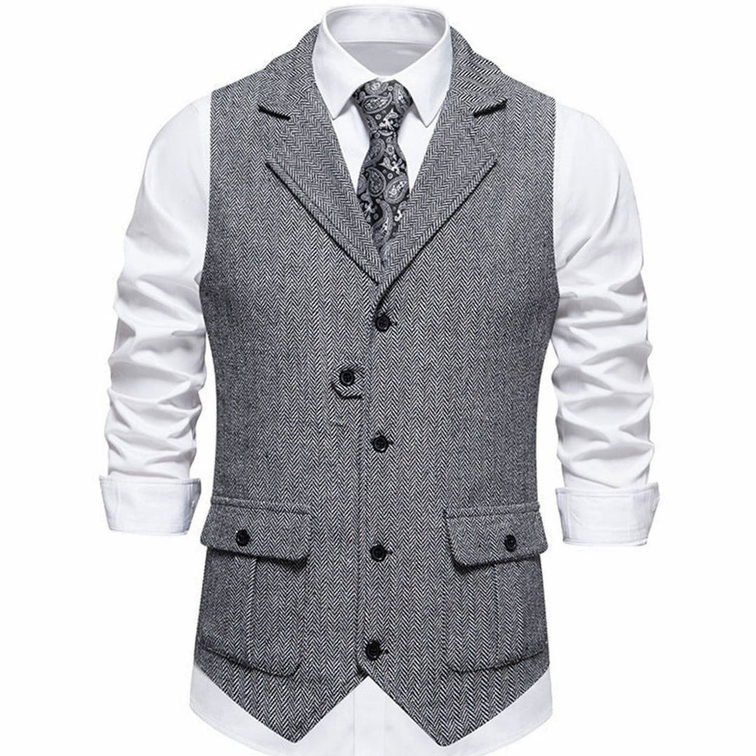 Men's Herringbone Notch-Lapel Button-Front Tailored Outfit Vest - Light Gray