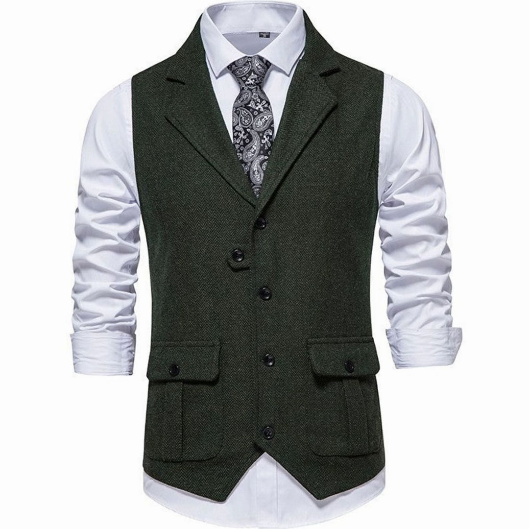 Men's Herringbone Notch-Lapel Button-Front Tailored Outfit Vest - Green