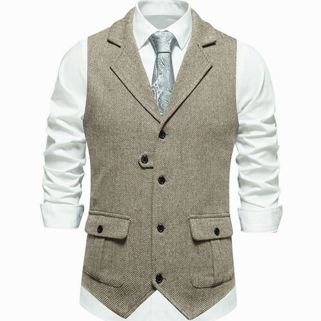 Men's Herringbone Notch-Lapel Button-Front Tailored Outfit Vest - Beige