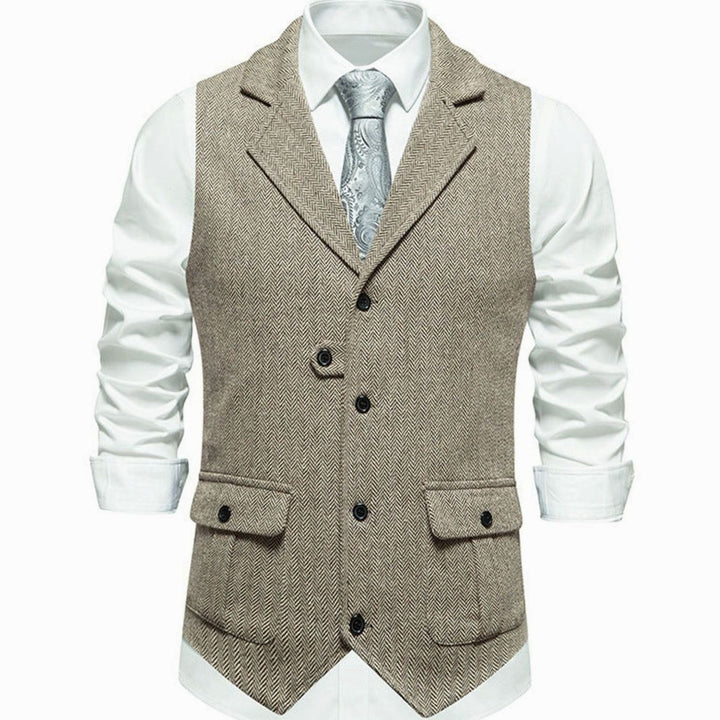 Men's Herringbone Notch-Lapel Button-Front Tailored Outfit Vest - Beige