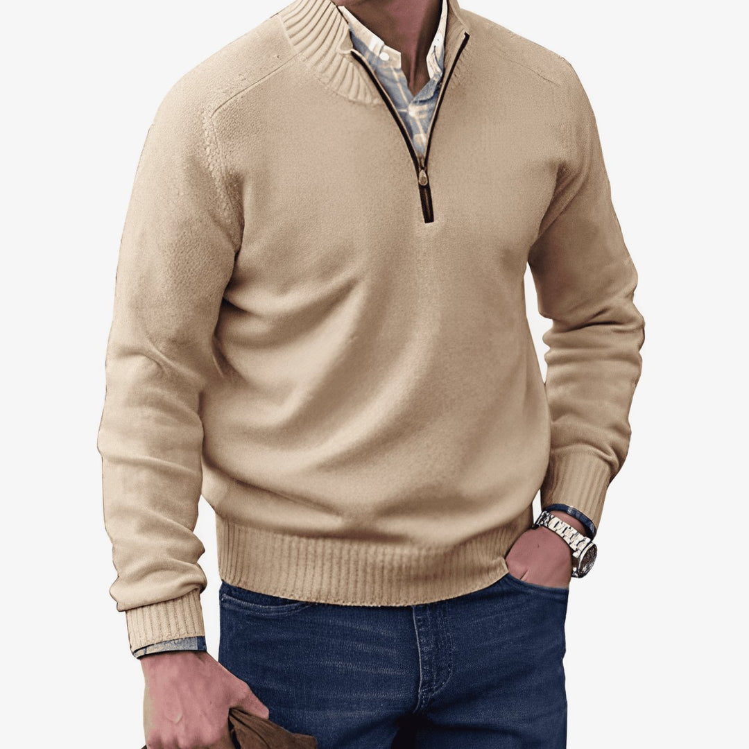 Men's Knit Half-Zip Pullover Jumper Ribbed Collar Sweater - Brown