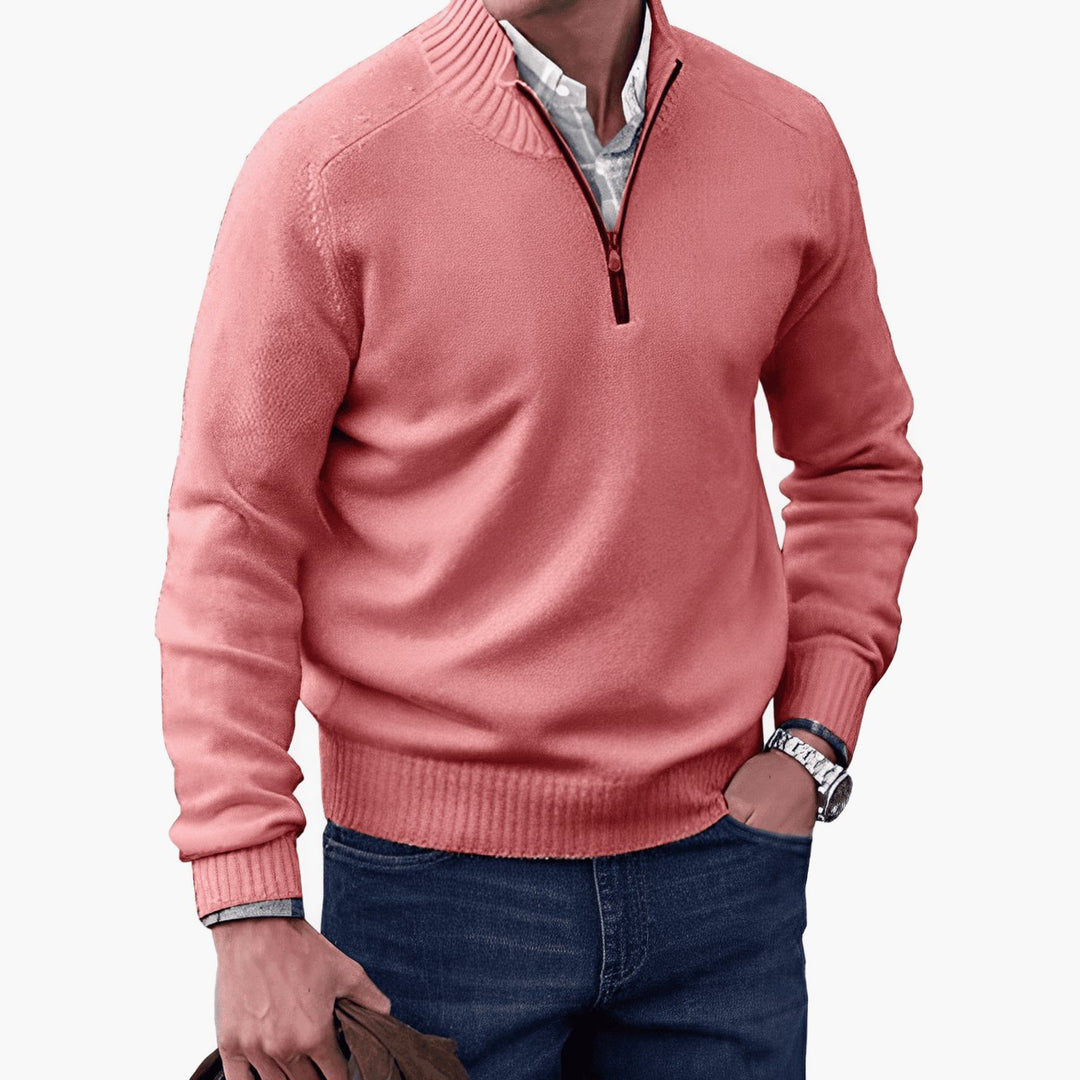 Men's Knit Half-Zip Pullover Jumper Ribbed Collar Sweater - Pink