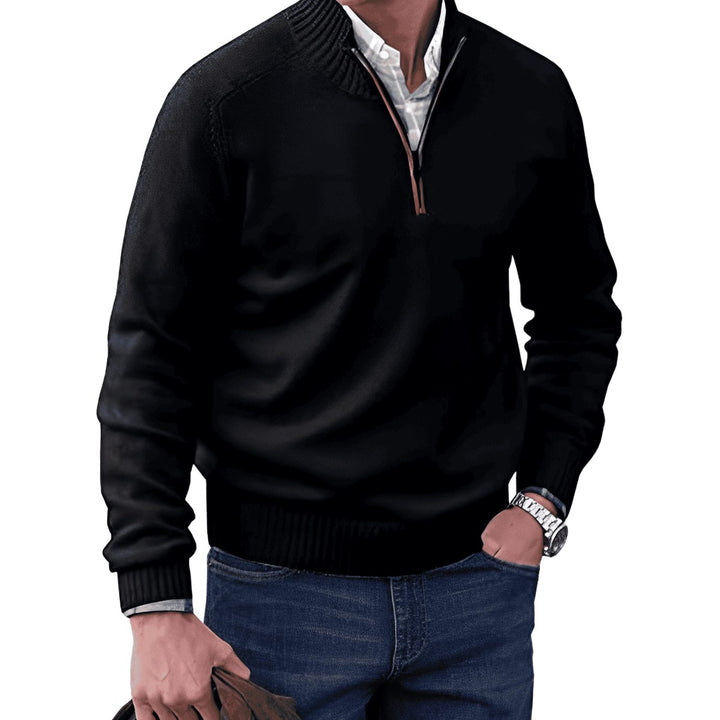 Men's Knit Half-Zip Pullover Jumper Ribbed Collar Sweater - Black