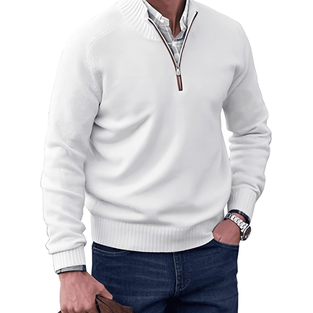 Men's Knit Half-Zip Pullover Jumper Ribbed Collar Sweater - White