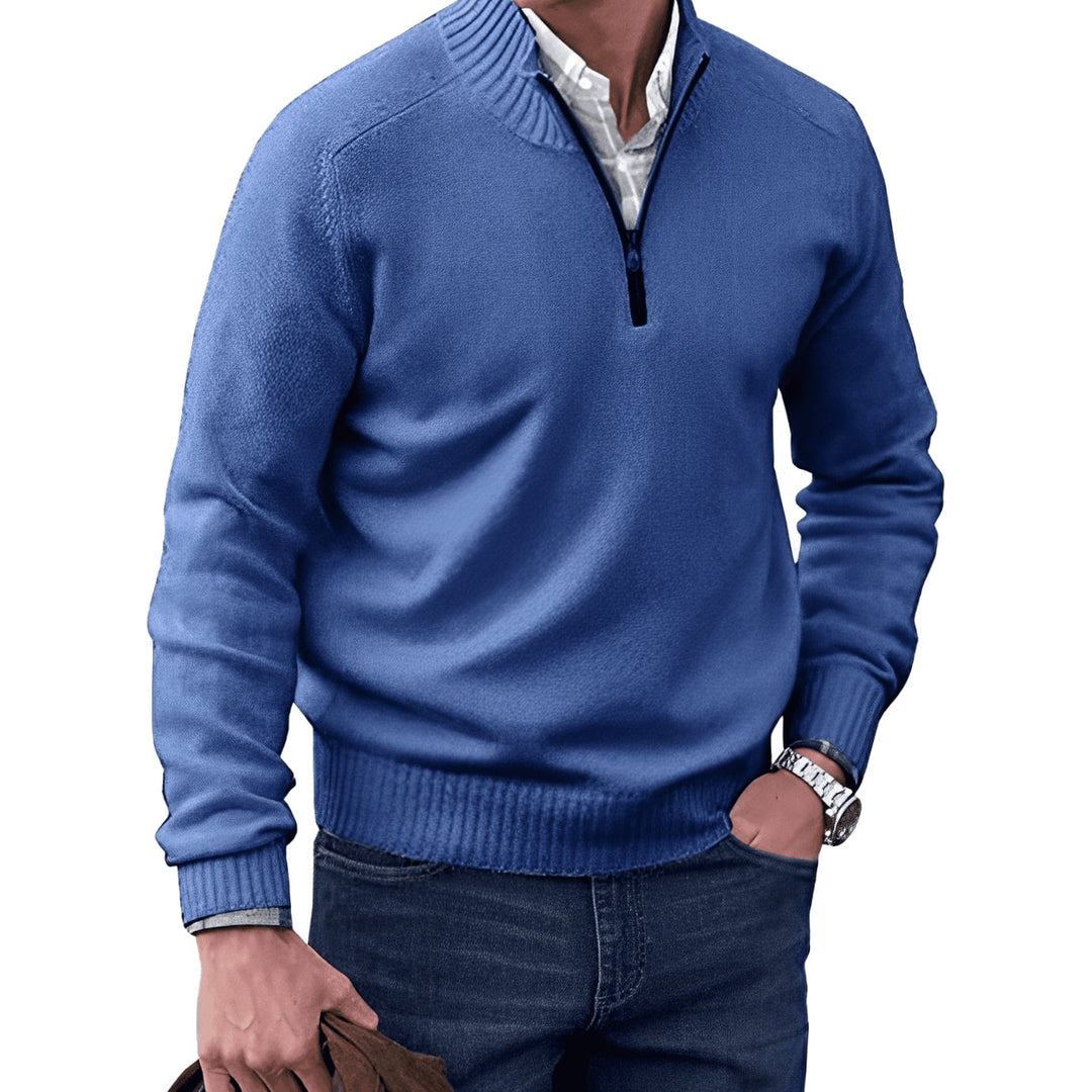Men's Knit Half-Zip Pullover Jumper Ribbed Collar Sweater - Blue