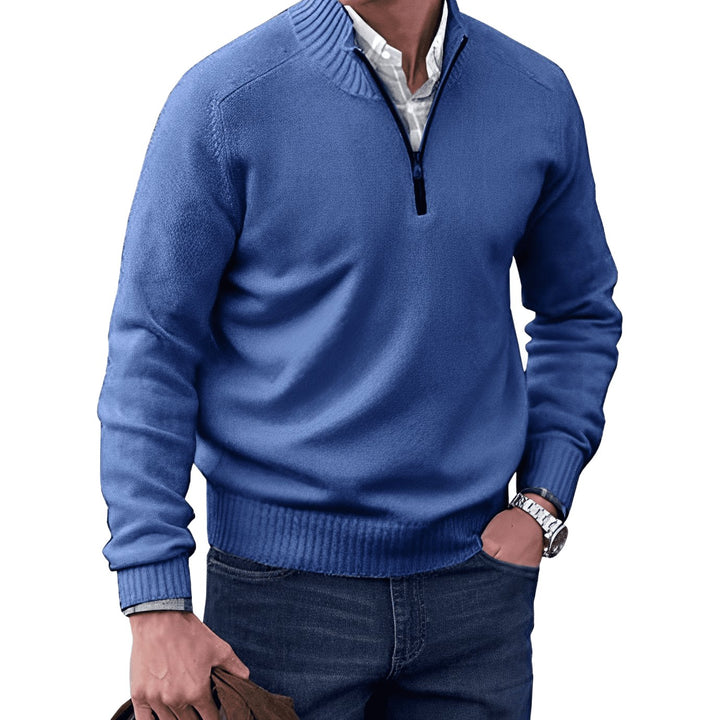 Men's Knit Half-Zip Pullover Jumper Ribbed Collar Sweater - Blue