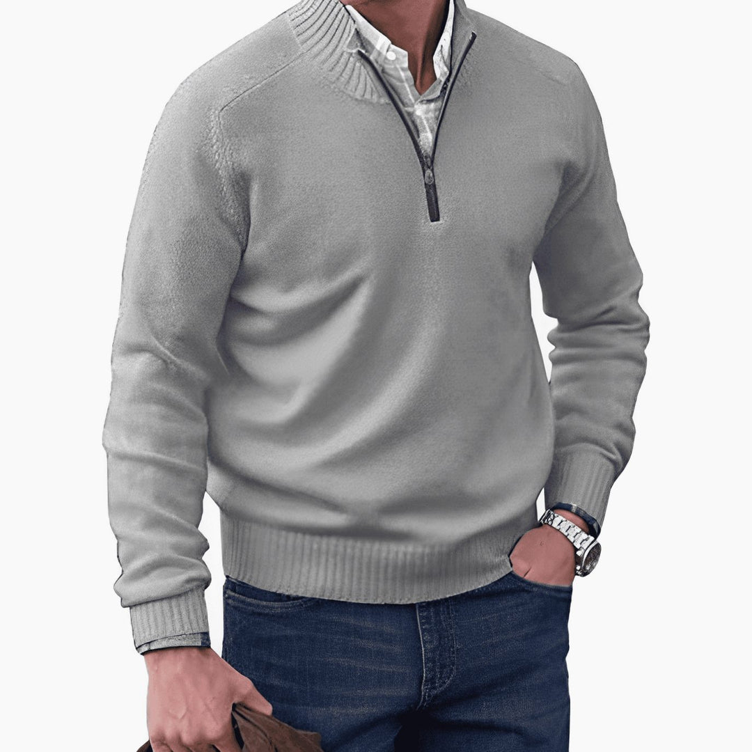 Men's Knit Half-Zip Pullover Jumper Ribbed Collar Sweater - Light Grey