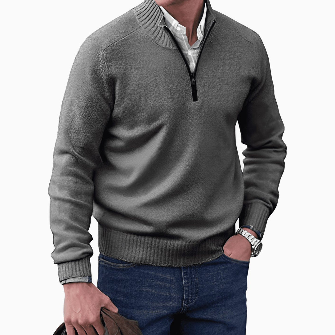 Men's Knit Half-Zip Pullover Jumper Ribbed Collar Sweater - Dark Grey