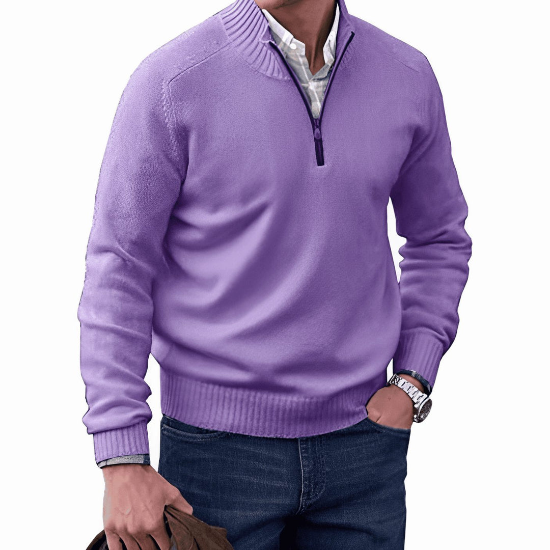 Men's Knit Half-Zip Pullover Jumper Ribbed Collar Sweater - Purple