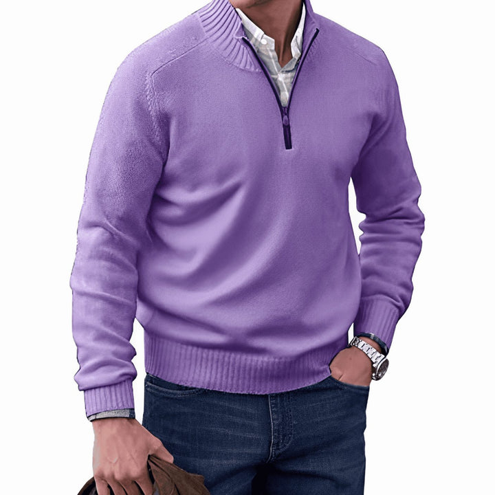 Men's Knit Half-Zip Pullover Jumper Ribbed Collar Sweater - Purple