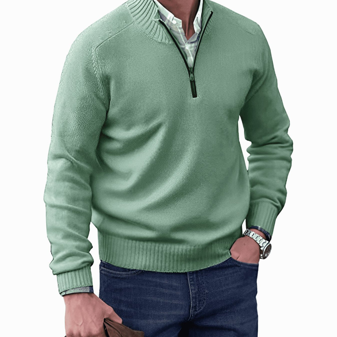 Men's Knit Half-Zip Pullover Jumper Ribbed Collar Sweater - Green