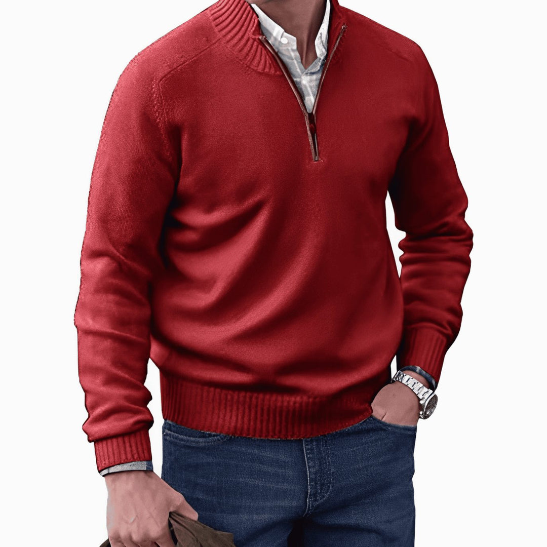 Men's Knit Half-Zip Pullover Jumper Ribbed Collar Sweater - Red
