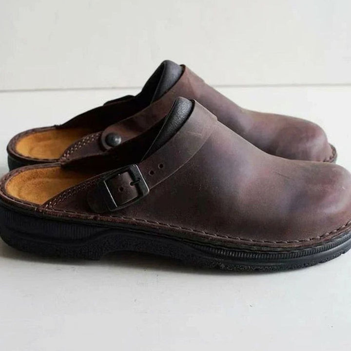 Men's Leather Buckle-Strap Slipper Clogs - Brown