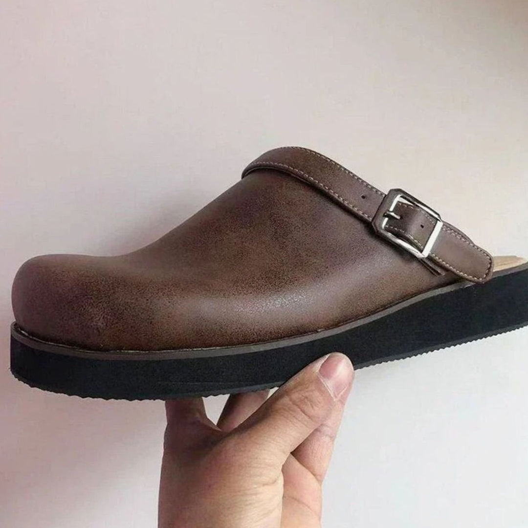 Men's Leather Buckle-Strap Slipper Clogs