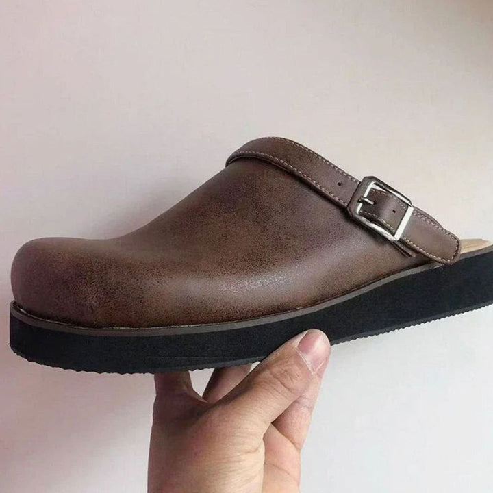 Men's Leather Buckle-Strap Slipper Clogs
