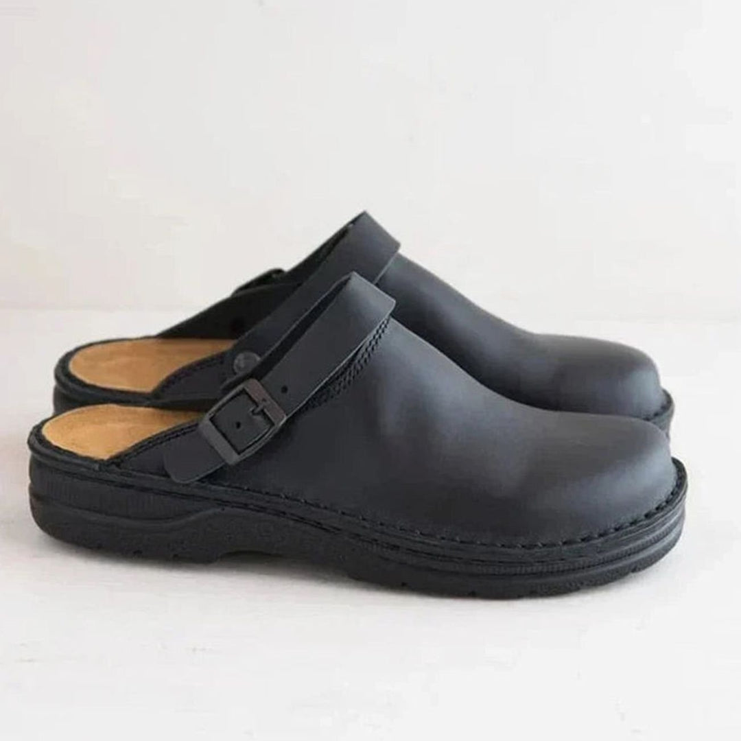 Men's Leather Buckle-Strap Slipper Clogs - Black