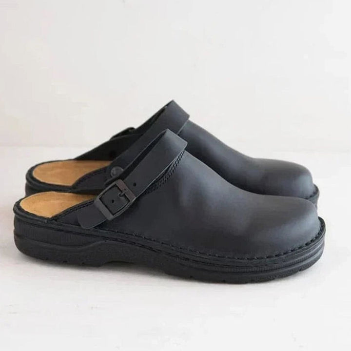 Men's Leather Buckle-Strap Slipper Clogs - Black