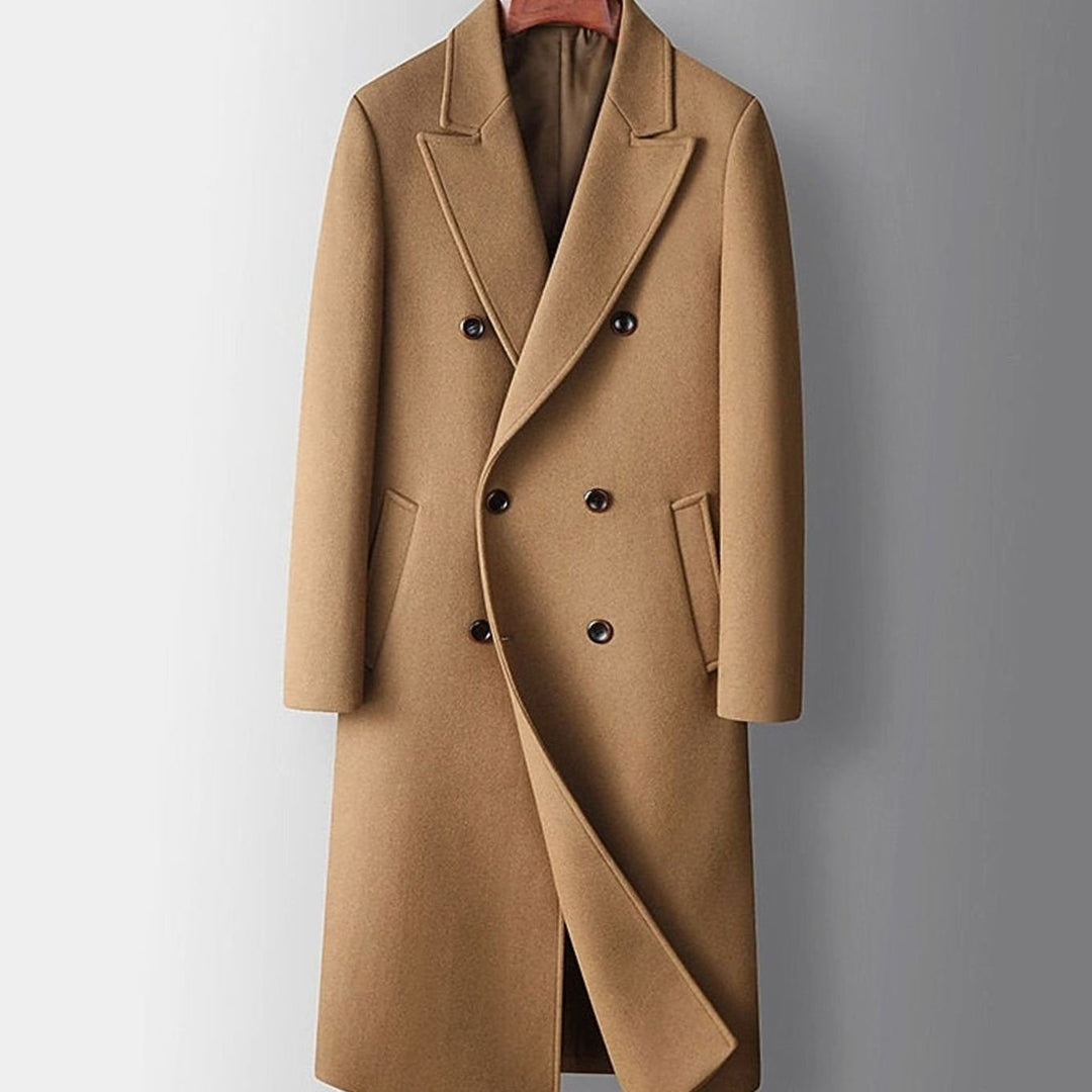 Men's Long Double-Breasted Wool Overcoat Peak Lapel, Camel - Khaki