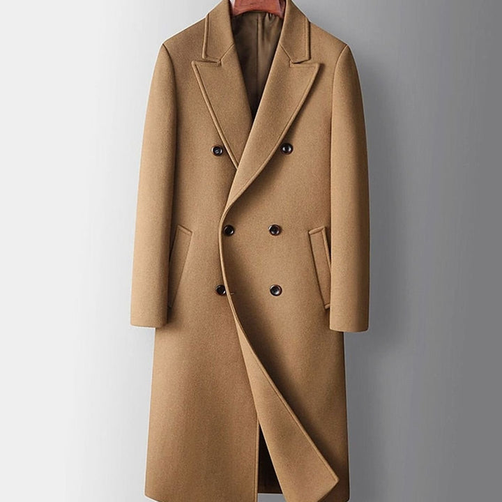 Men's Long Double-Breasted Wool Overcoat Peak Lapel, Camel - Khaki