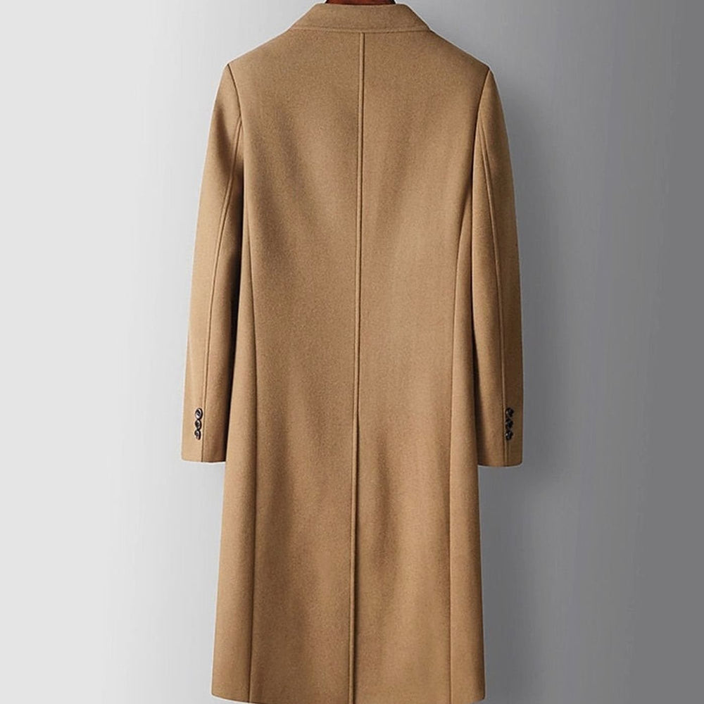 Men's Long Double-Breasted Wool Overcoat Peak Lapel, Camel
