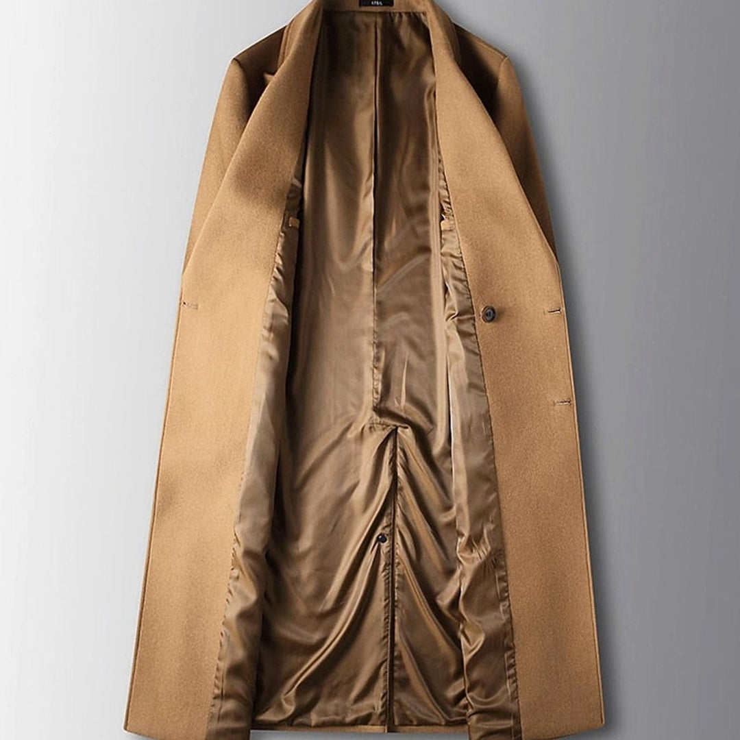 Men's Long Double-Breasted Wool Overcoat Peak Lapel, Camel