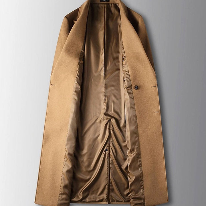 Men's Long Double-Breasted Wool Overcoat Peak Lapel, Camel