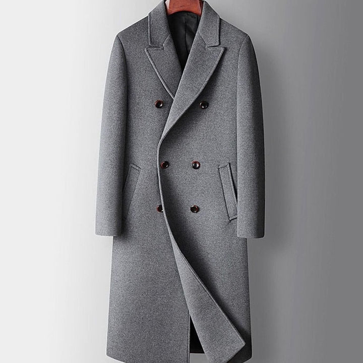 Men's Long Double-Breasted Wool Overcoat Peak Lapel, Camel - Gray