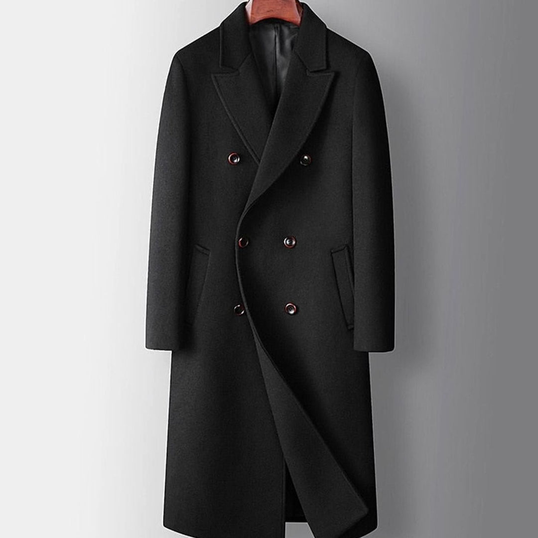 Men's Long Double-Breasted Wool Overcoat Peak Lapel, Camel - Black
