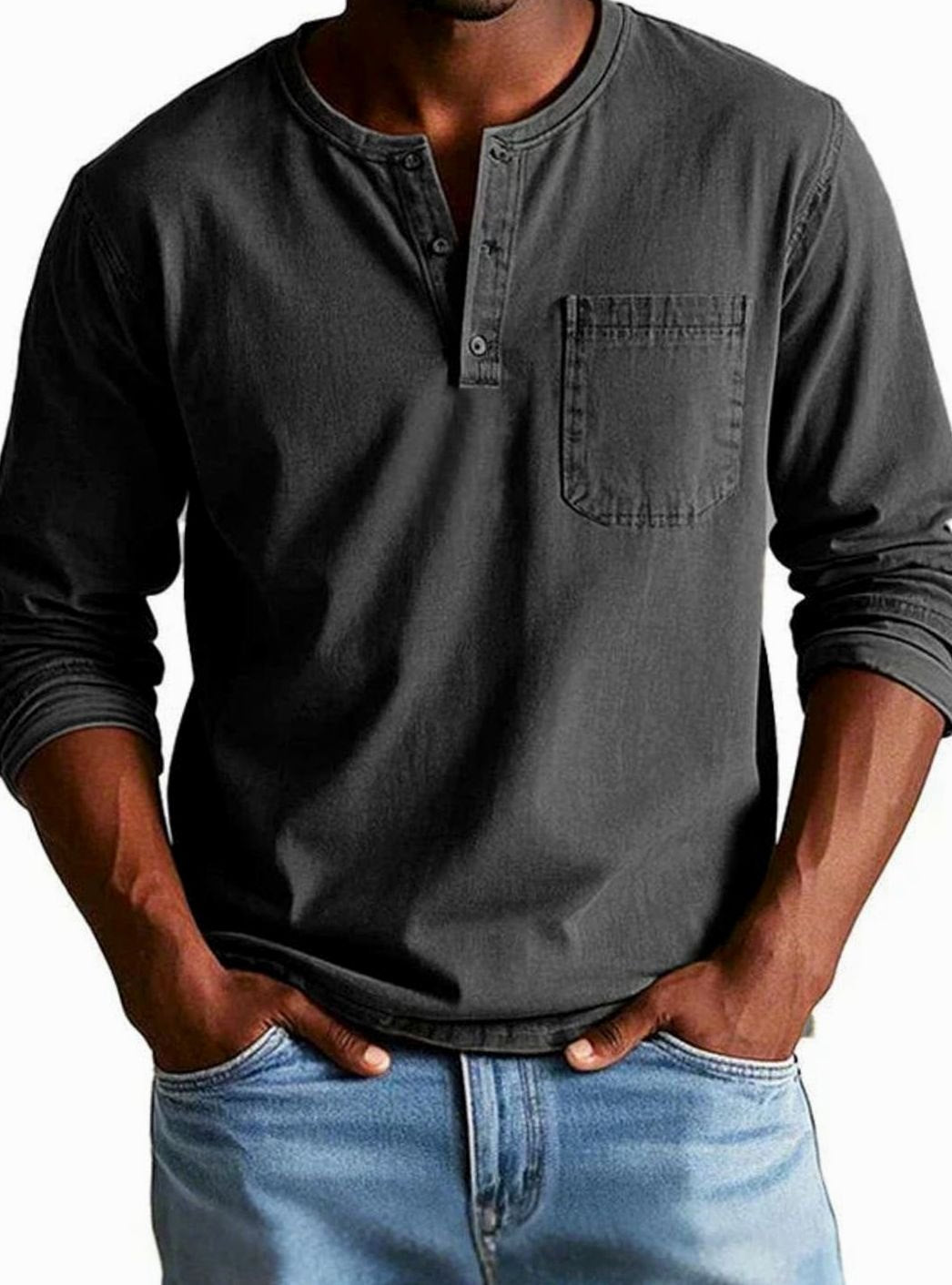 Men's Long Sleeve Chest Pocket Henley Shirt - Black