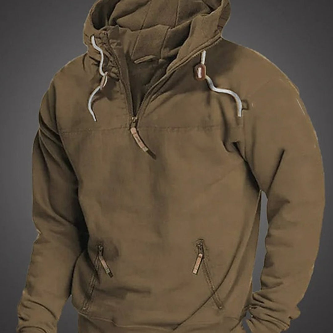 Men's Long Sleeve Half-Zip Drawstring Hooded Sweatshirt - Brown