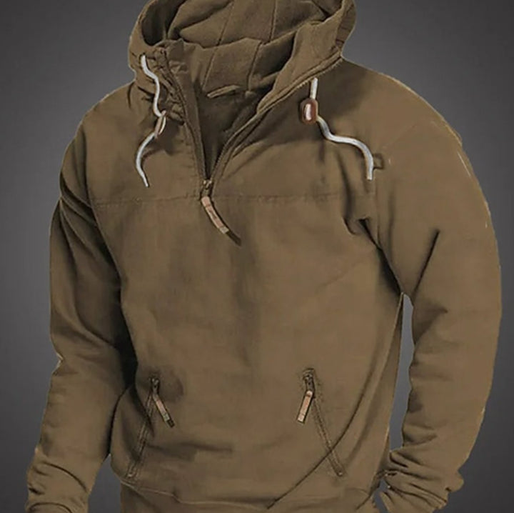 Men's Long Sleeve Half-Zip Drawstring Hooded Sweatshirt - Brown