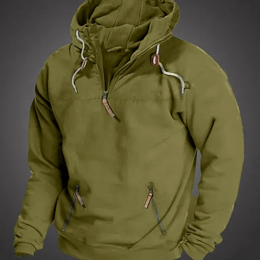 Men's Long Sleeve Half-Zip Drawstring Hooded Sweatshirt - Green