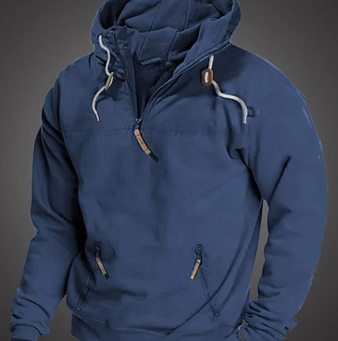 Men's Long Sleeve Half-Zip Drawstring Hooded Sweatshirt - Blue