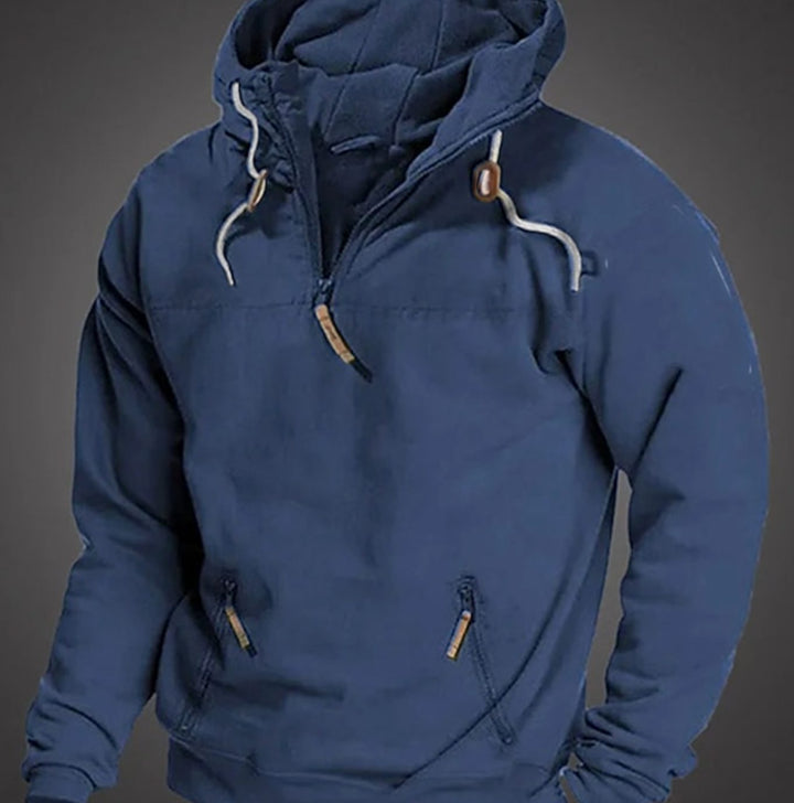 Men's Long Sleeve Half-Zip Drawstring Hooded Sweatshirt - Blue