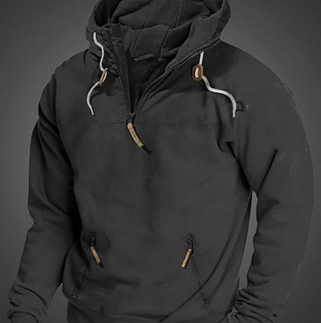 Men's Long Sleeve Half-Zip Drawstring Hooded Sweatshirt - Black