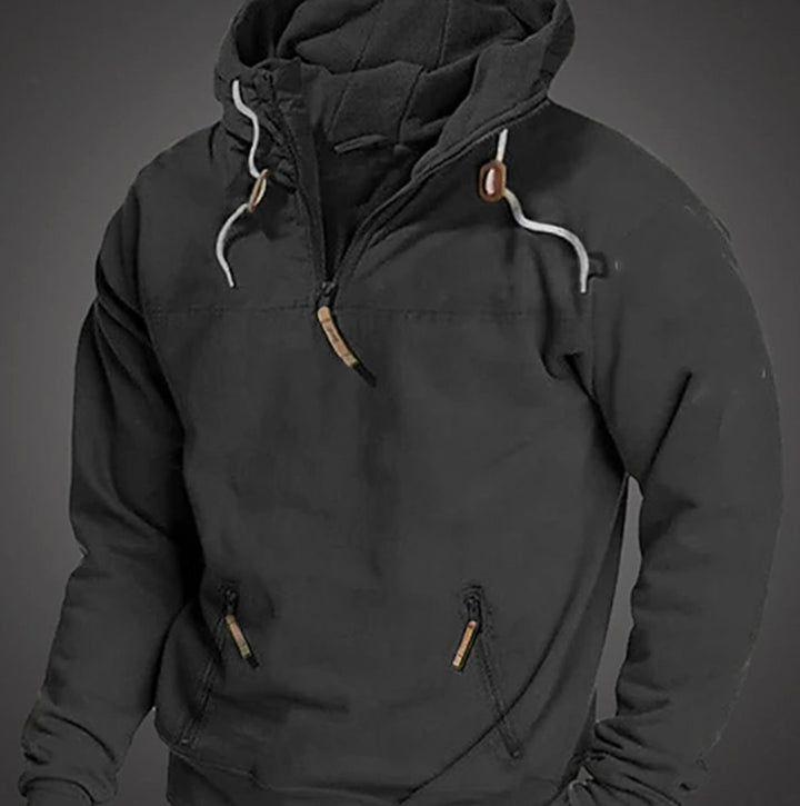 Men's Long Sleeve Half-Zip Drawstring Hooded Sweatshirt - Black