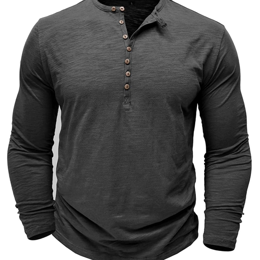 Men's Long-Sleeve Henley Shirt Button-Up Casual Tee