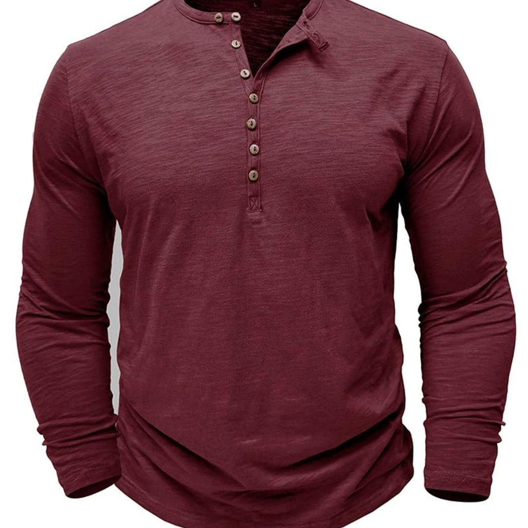 Men's Long-Sleeve Henley Shirt Button-Up Casual Tee