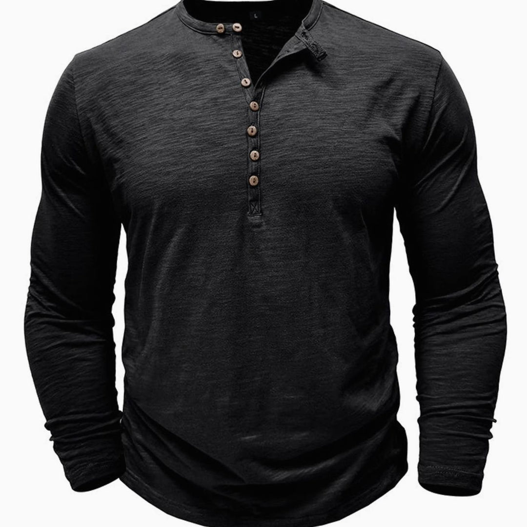 Men's Long-Sleeve Henley Shirt Button-Up Casual Tee